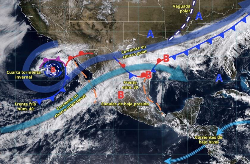 Imagen satelital del territorio mexicano donde marca las oleadas de viento y lluvia que se van a registrar provenientes del pacifico