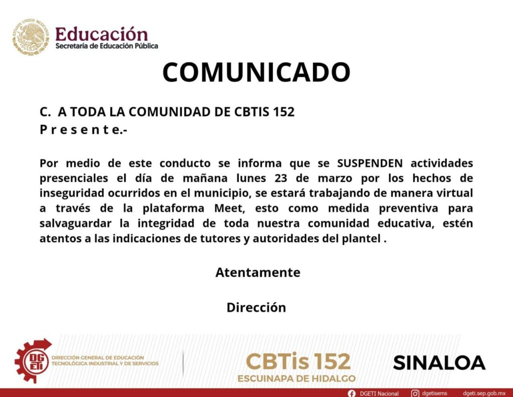 Aviso por parte de CBTIS 152