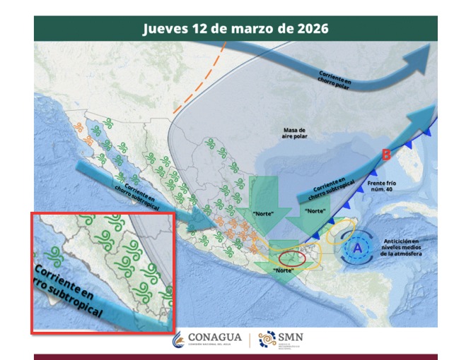 Imagen satelital de México que representa la probabilidad de tormentas