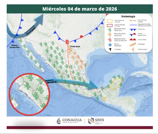 Imagen satelital de México que representa la probabilidad de tormentas con flechas e iconos de viento