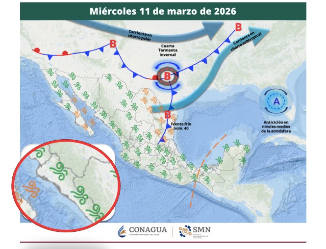Imagen satelital de México que representa la probabilidad de tormentas con flechas e iconos de viento