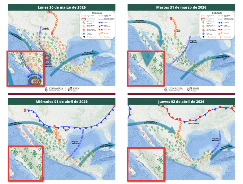 Mapas de México con flechas, líneas e íconos de viento indicando la probabilidad de tormentas en el país
