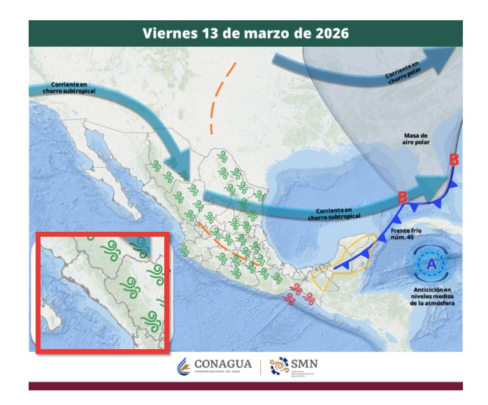 Imagen satelital de México con flechas y líneas que indican la probabilidad de tormentas
