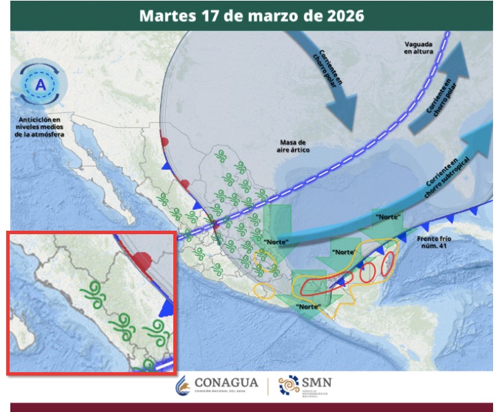 Imagen satelital de México que representa la probabilidad de tormentas con flechas e iconos de viento