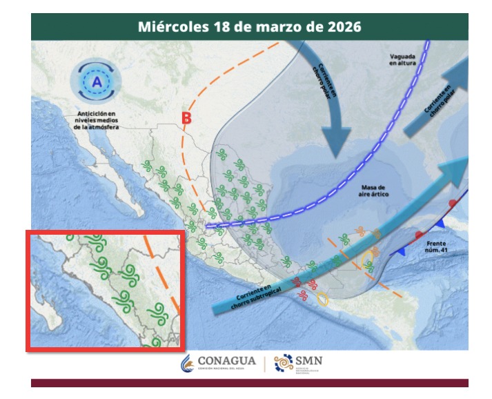 Imagen satelital de México que representa la probabilidad de tormentas