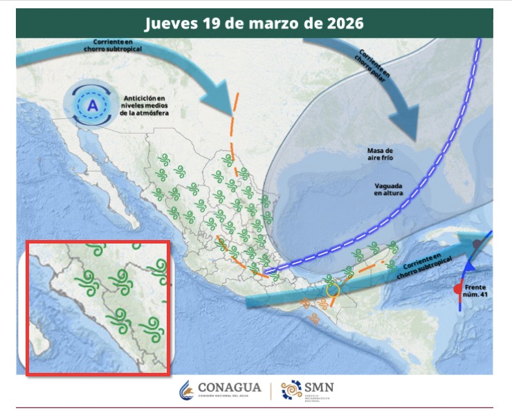 Imagen satelital de México que representa la probabilidad de tormentas