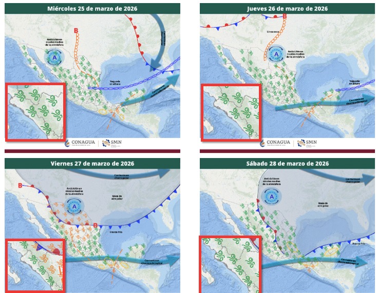 Mapas de México con flechas y líneas indicando las zonas donde se podrían desarrollar tormentas