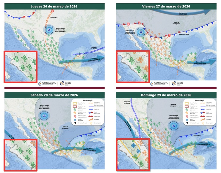 Imagen satelital de México que representa la probabilidad de tormentas