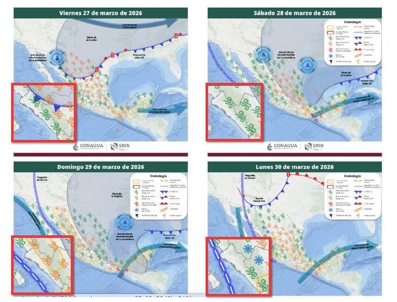 Mapas de México con flechas y líneas indicando el desarrollo de tormentas