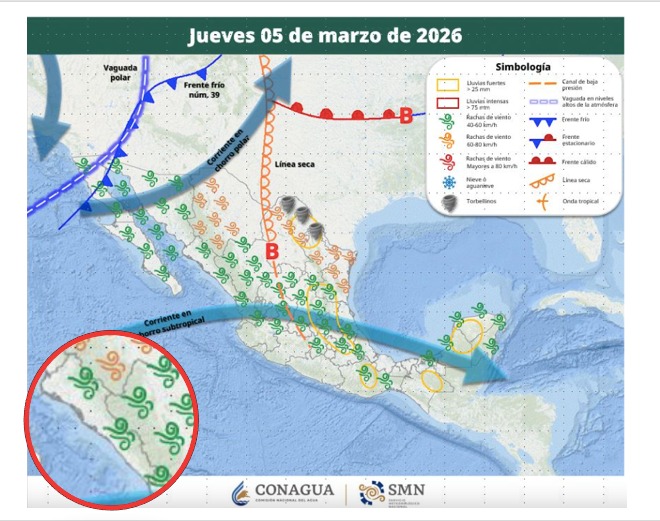 Imagen satelital de México que representa la probabilidad de tormentas con flechas e iconos de viento