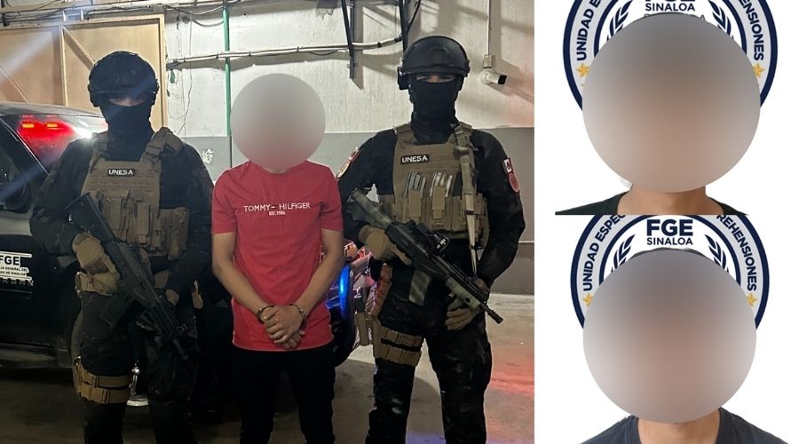 Dos elementos de seguridad junto a una persona detenida y cara difuminada, junto a dos sujetos con fondo blanco