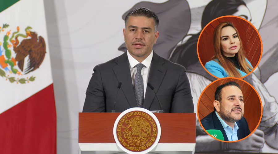 En grande Omar García Harfuch y en círculos Paola Gárate Valenzuela y Jorge González Flores
