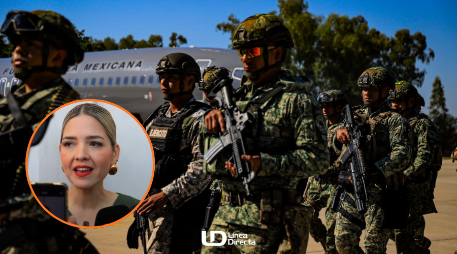En grande elementos del ejercito mexicano marchando y en circulo alcaldesa de Mazatlán