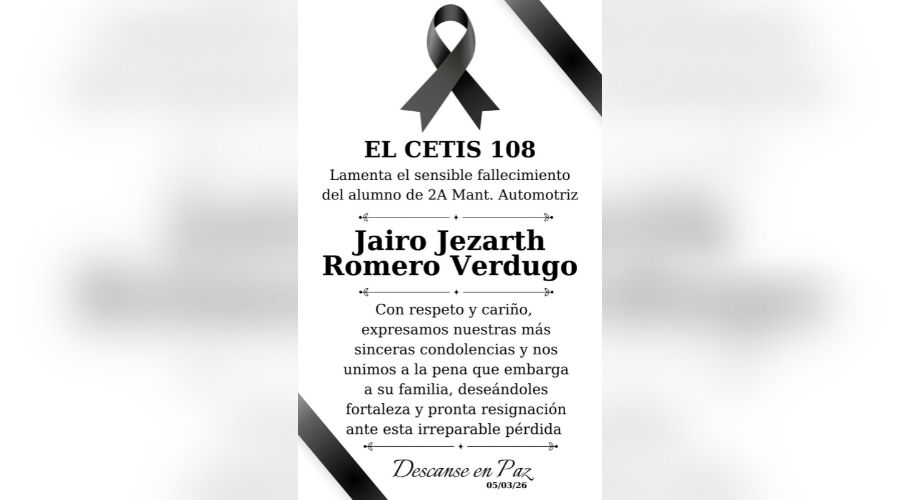 Esquela de una persona con un moño negro e información