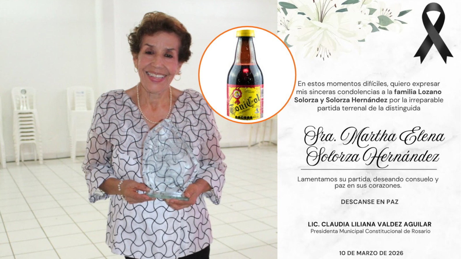 Esquela y foto de Martha Elena Solorza Hernández, dueña del famoso refresco Tonicol, originario de Rosario, Sinaloa