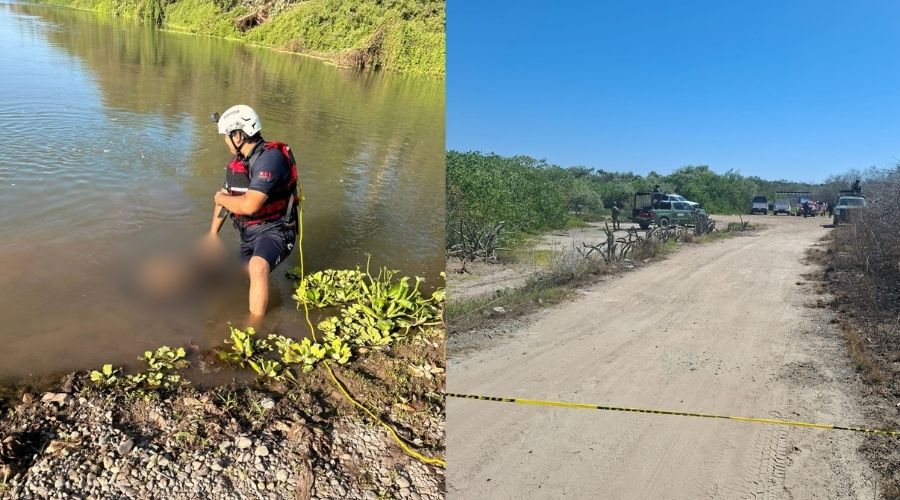 Una persona en un río con difuminado y un camino con unidades de la policía con cinta amarilla