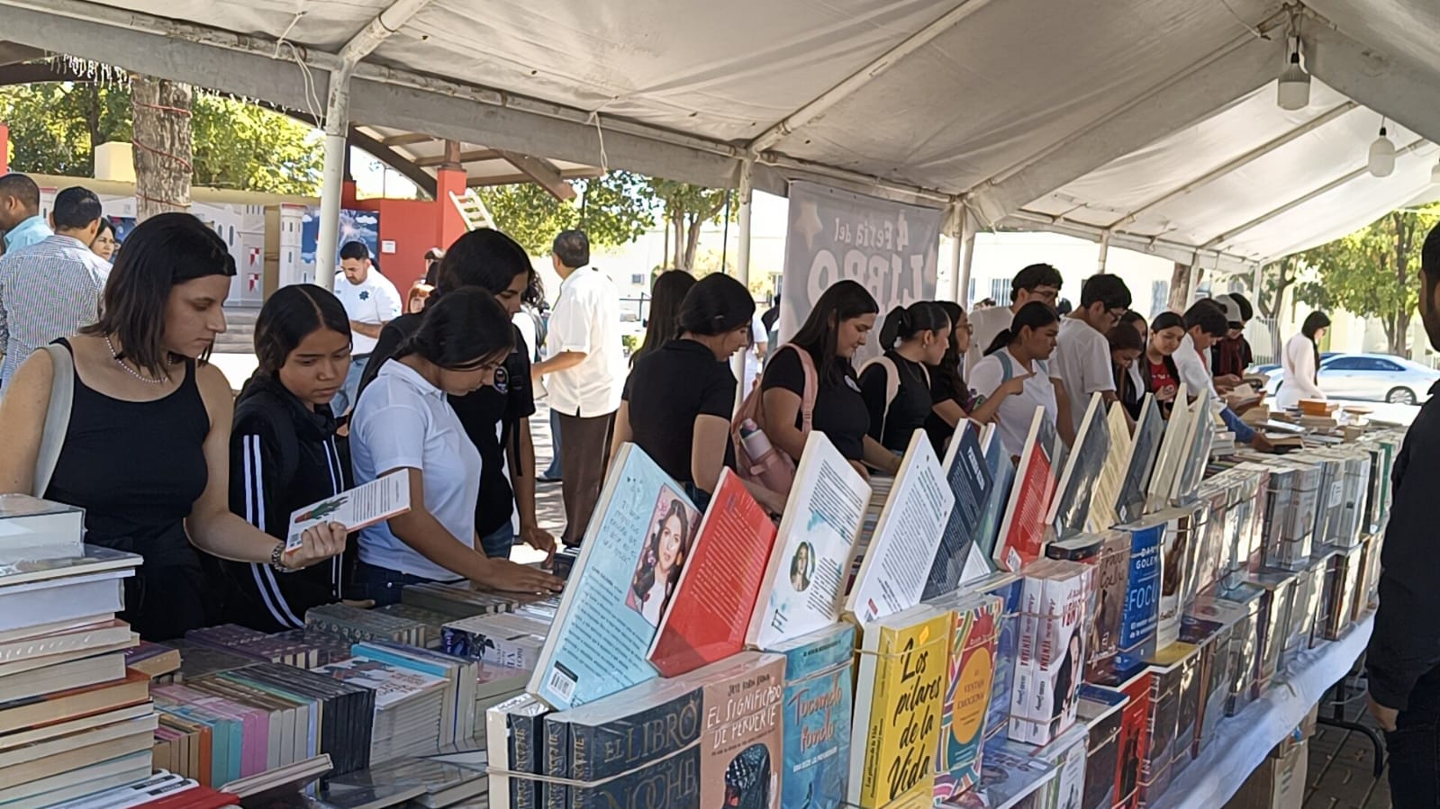 jóvenes observando libros expuestos en mesa