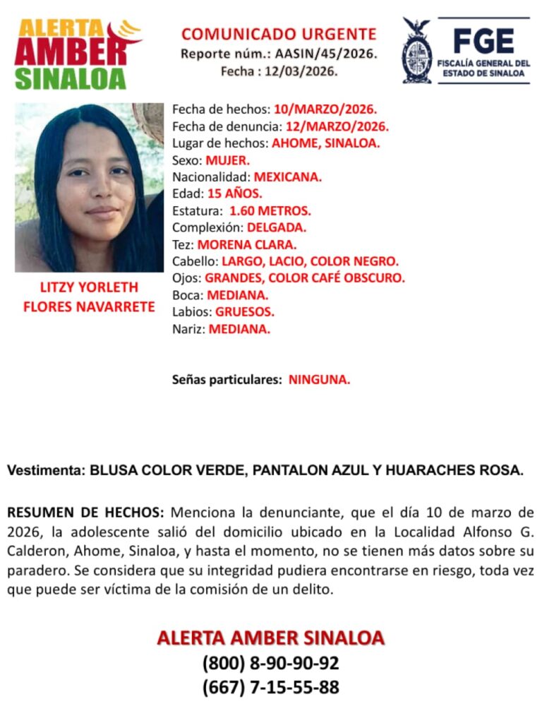 Ficha de Alerta Amber para localizar a la joven Litzy Yorleth,