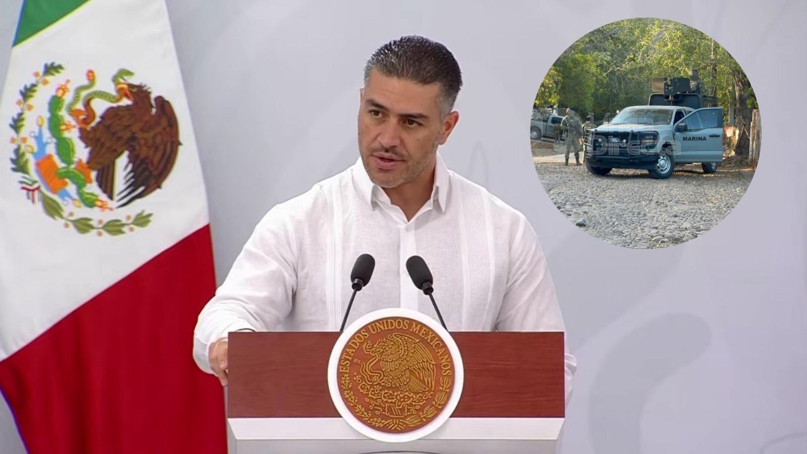 Omar García Harfuch, y en un círculo una unidad de seguridad