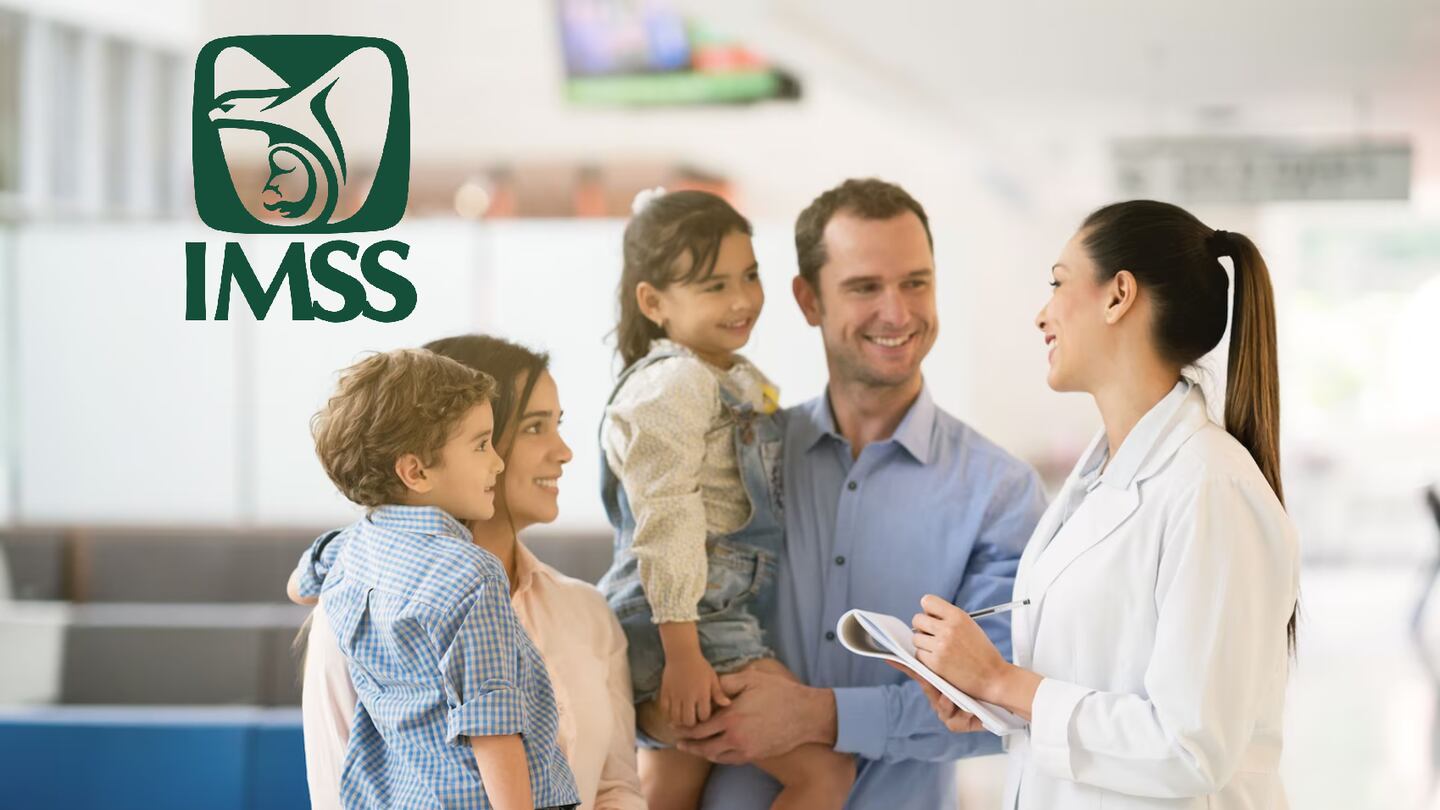 Personas (familia) junto a una mujer con bata blanca (doctora) y el logo del IMSS