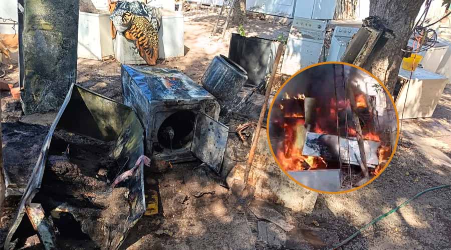 Lavadoras quemadas tras incendio en taller de la Higuera de Zaragoza, Ahome