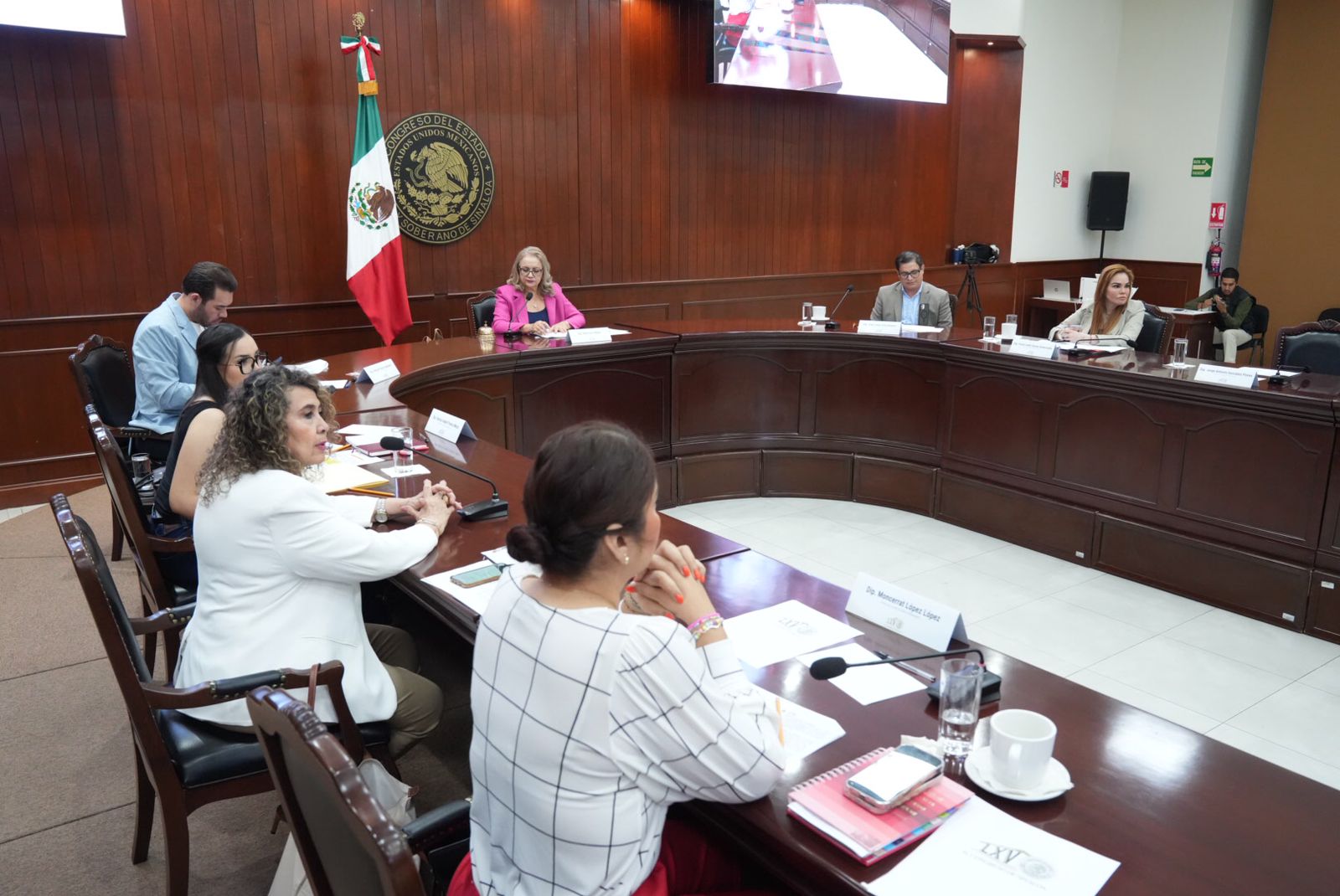 Sala del congreso con diputados presentes en una mesa