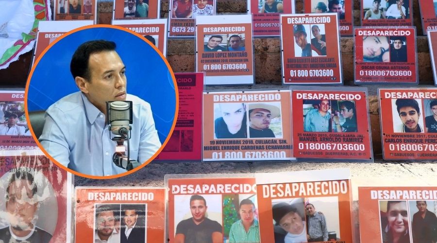 Carteles de personas desaparecidad y en un círculo, el diputado Jesús Alfonso Ibarra Ramos personas desaparecidas