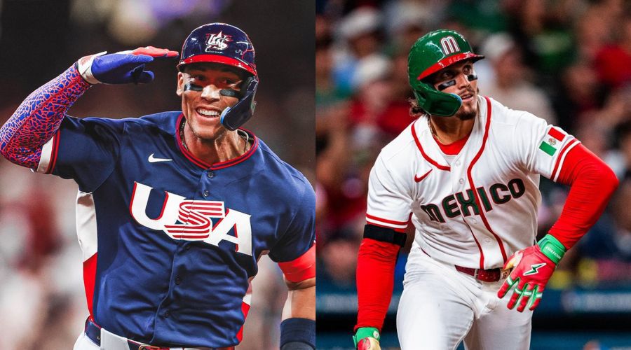 Jugadores de béisbol de equipos de EU y México en cancha