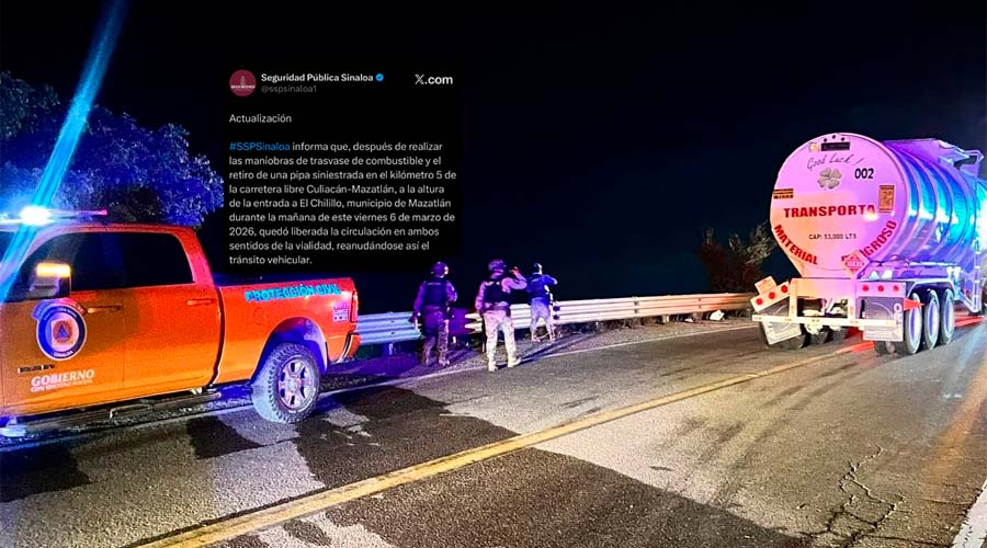 Elementos de seguridad liberan circulación en carretera Culiacán-Mazatlán tras accidente de pipa