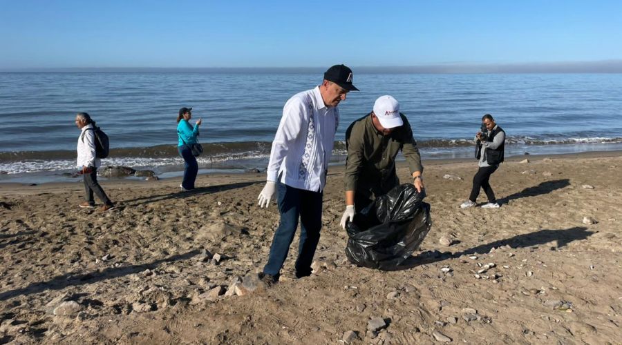 Personas realizando limpieza en playa, echando la basura en una bolsa negra