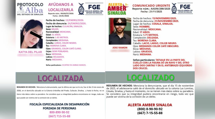 Fichas de búsqueda de desaparecidos, ambos con los ojos tapados