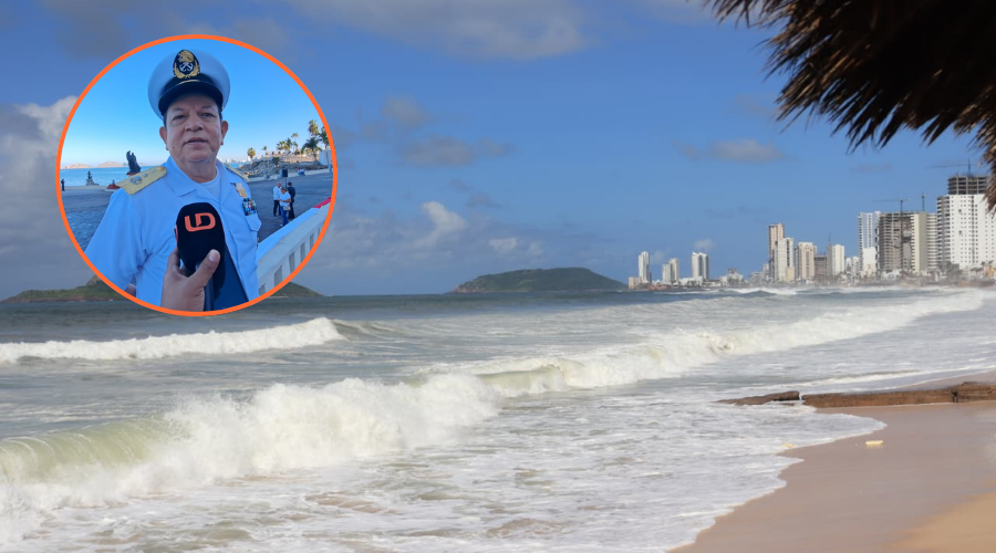 Luis Antonio Barreiro Varela en un círculo y la playa de Mazatlán