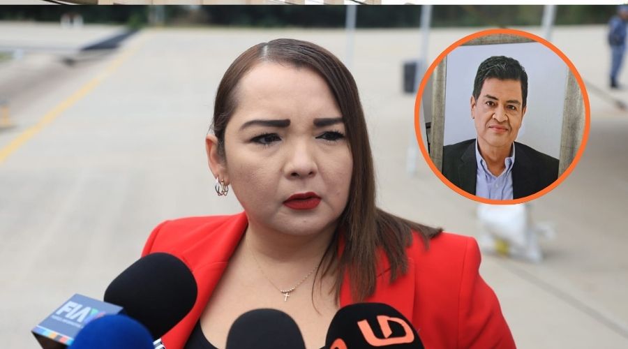 Claudia Zulema Sánchez Kondo junto a foto de periodista de Luis Enrique