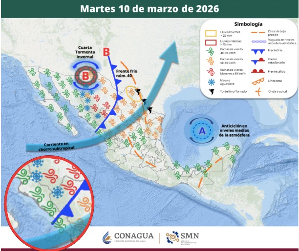 Mapa de México con flechas y nubosidad de tormentas