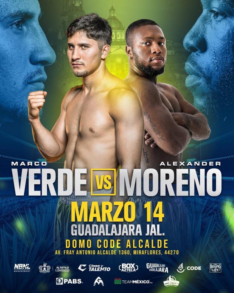 poster de promoción pelea de box marco verde y alexander morenos