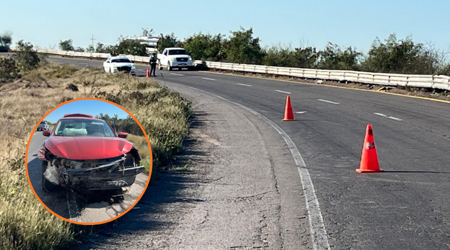 En grande, tramo de la México 15 bloqueada por autoridades de seguridad y en circulo un auto dañado por choque