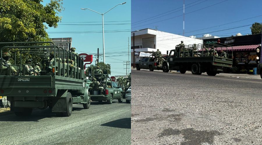 Unidades del Ejército Mexicano en una calle y negocios al fondo