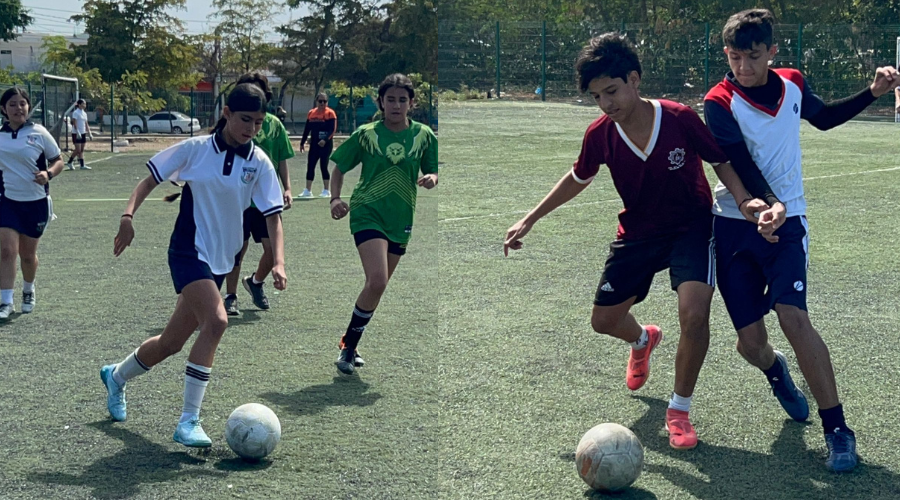 Jugadores de futbol femeninas y masculinos disputando el balón