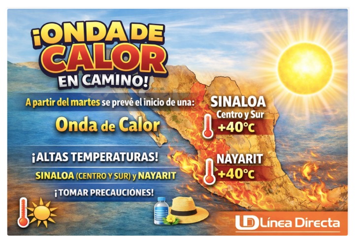 Diseño con el mapa de México junto a el sol y fuego por la onda de calor