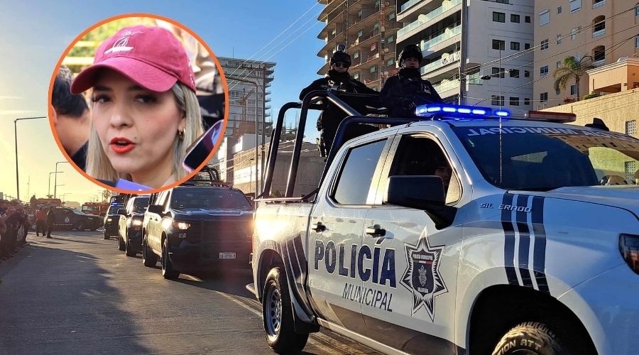 Camioneta de la policía municipal en Mazatlán junto a un circulo con Estrella Palacios