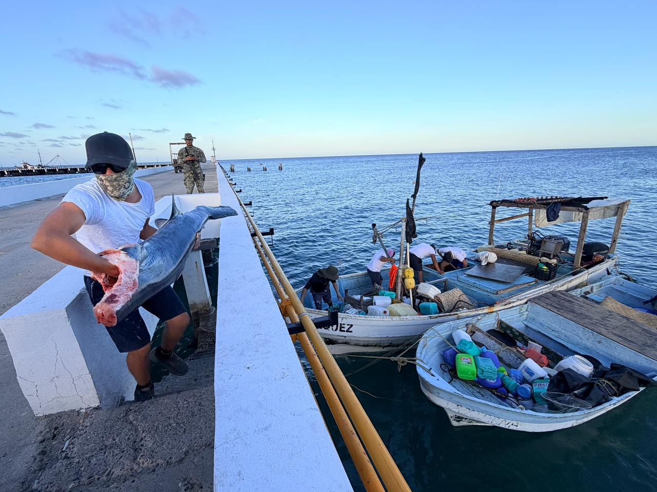 persona con un pescado con cortes y dos barcos en altamar