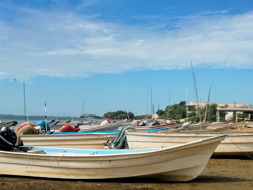 Pangas de los pescadores en la orilla del mar.