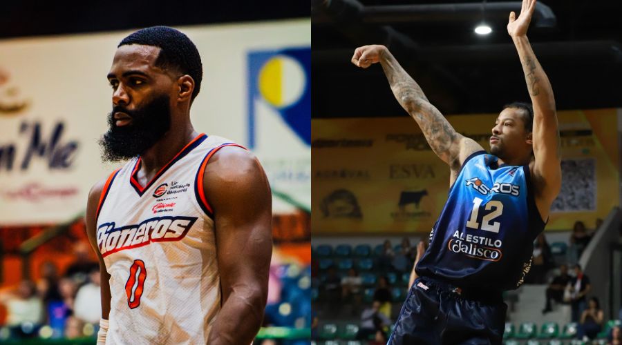 Dos jugadores de baloncesto, uno con la mirada fija hacía delante y a la derecha jugador vestido de azul realizando tiro