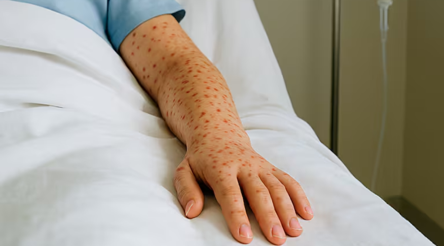 Persona en cama de hospital y en el brazo brotes rojos