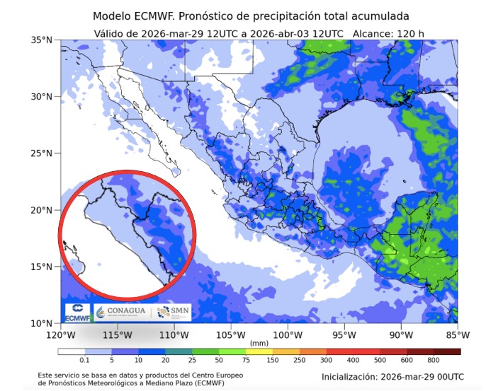 Imagen satelital de México que representa lluvias con colores verdes y azules que indica pronóstico de precipitaciones