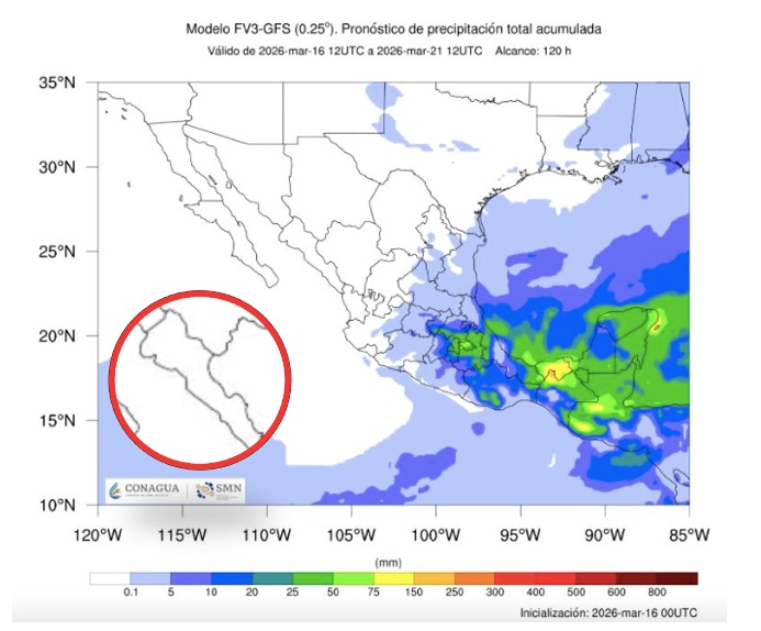 Imagen satelital de México que representa lluvias con colores verdes y azules que indica pronóstico de precipitaciones