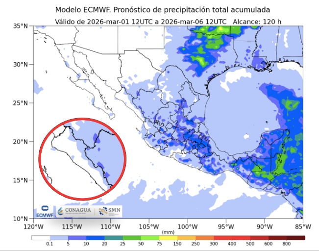 Imagen satelital de México que representa lluvias con colores verdes y azules que indica pronóstico de precipitaciones