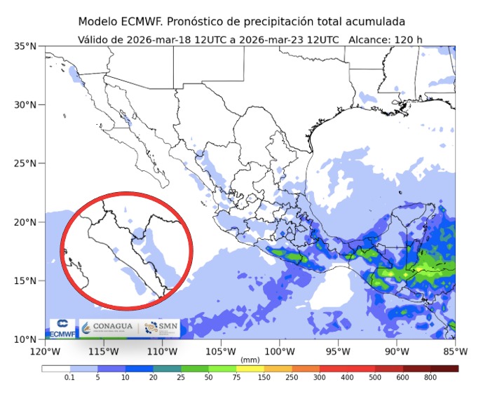 Imagen satelital de México que representa lluvias con colores verdes y azules que indica pronóstico de precipitaciones