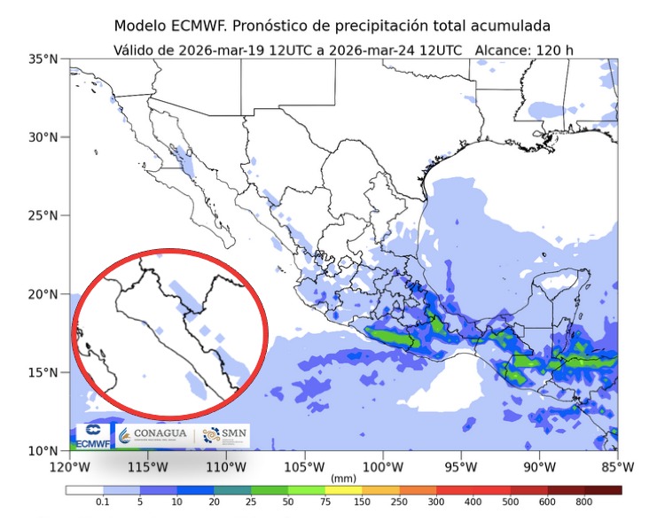 Imagen satelital de México que representa lluvias con colores verdes y azules que indica pronóstico bajo de precipitaciones