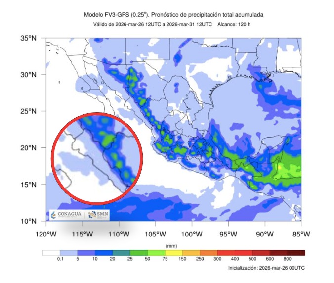 Imagen satelital de México que representa lluvias con colores verdes y azules que indica pronóstico de precipitaciones